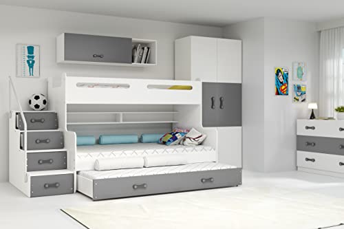 Interbeds Etagenbett Hochbett MAX 3 für DREI Kinder mit DREI Matratzen: 80x200cm / 120x200cm / 80x190cm Kinderbett (weiß+grau) von Interbeds