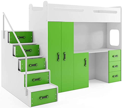 Interbeds Etagenbett Hochbett MAX 4 Größe 200x80cm mit Schrank und Schreibtisch, Farbe zur Wahl inkl. Matratze (grün) von Interbeds