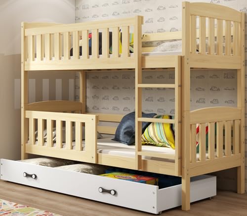 Interbeds Etagenbett Hochbett Stockbett Holzbett Kiefernholz Kinderbett Jugenbett mit Lattenrost und Rausfallschutz (Kiefer + weiß, 200x90) von Interbeds