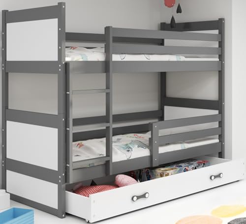 Interbeds Etagenbett Hochbett Stockbett Holzbett Kiefernholz Kinderbett Jugendbett mit Lattenrost und Rausfallschutz (grau + weiß, 200x90) von Interbeds