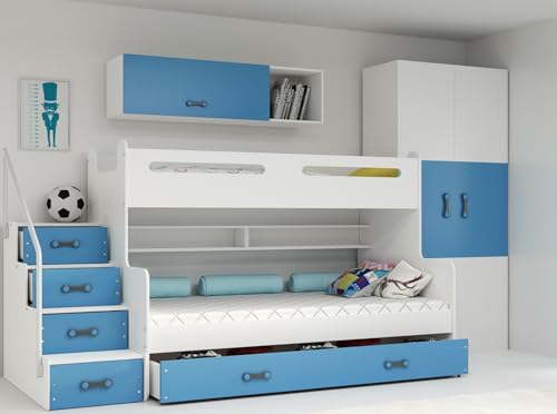 Interbeds Etagenbett Hochbett Stockbett mit Treppe und Stauraum Kinderbett Stauraumbett für Kinder und Jugendliche Bettgestell mit Lattenrost (weiß+blau) von Interbeds