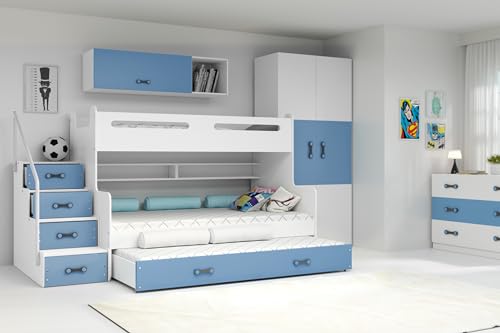 Interbeds Etagenbett MAX 3 für DREI Kinder mit DREI Matratzen: 200x80cm / 200x120cm / 190x80cm + Farbvariationen (weiß+blau) von Interbeds