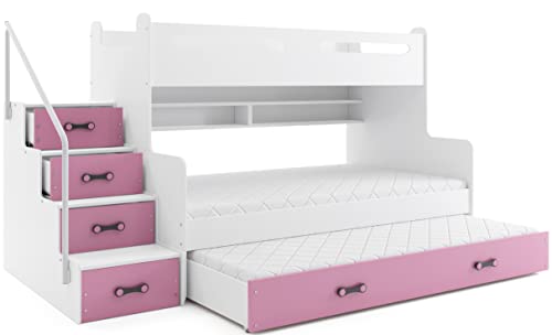 Interbeds Etagenbett MAX 3 für DREI Kinder mit DREI Matratzen: 200x80cm / 200x120cm / 190x80cm + Farbvariationen (weiß+rosa) von Interbeds