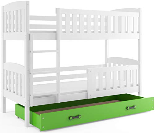 Interbeds Etagenbett Hochbett QUBA 200x90cm aus Kiefernholz, Farbe: WEIß ; mit Matratzen und Lattenroste (weiß + grüne Schublade) von Interbeds