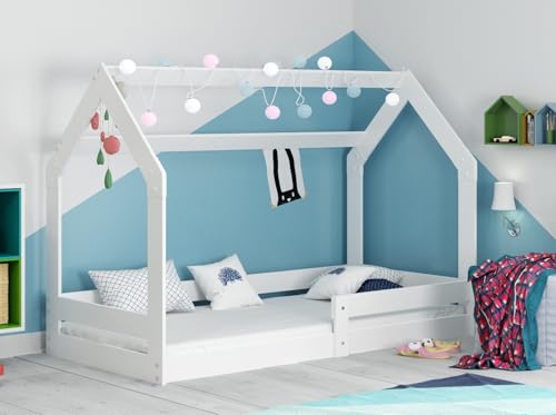 Interbeds Hausbett 160x80cm Montessori Kinderbett Bodenbett Holzbett Einzelbett mit Rausfallschutz mit Lattenrost von Interbeds