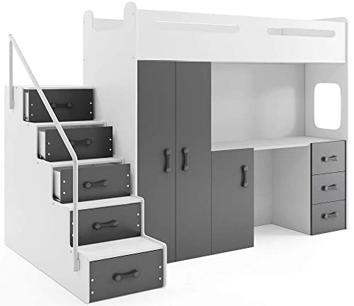 Interbeds Etagenbett Hochbett MAX 4 Größe 200x80cm mit Schrank und Schreibtisch, Farbe zur Wahl inkl. Matratze (grau) von Interbeds