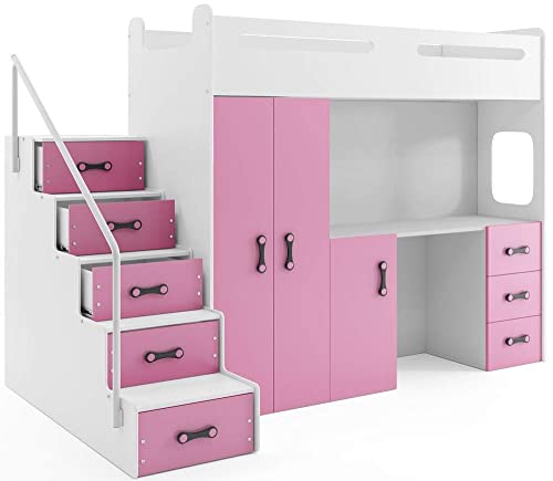 Interbeds Etagenbett Hochbett MAX 4 Größe 200x80cm mit Schrank und Schreibtisch, Farbe zur Wahl inkl. Matratze (rosa) von Interbeds