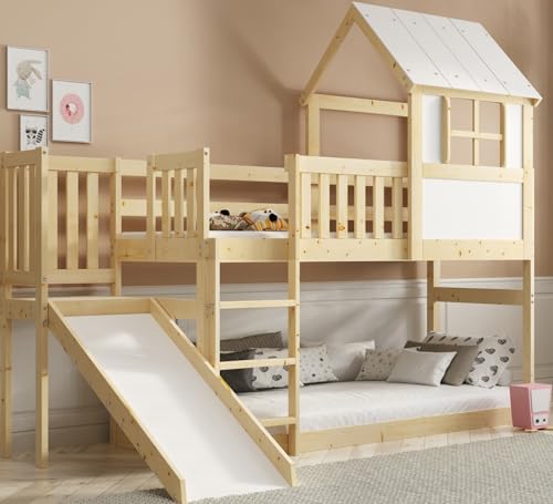 Interbeds Hochbett mit Rutsche und Treppen Etagenbett Stockbett Holzbett Kinderbett mit Lattenrost Spielbett (Mit Rutsche) von Interbeds