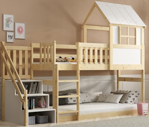 Interbeds Hochbett mit Rutsche und Treppen Etagenbett Stockbett Holzbett Kinderbett mit Lattenrost Spielbett (Mit Treppen) von Interbeds