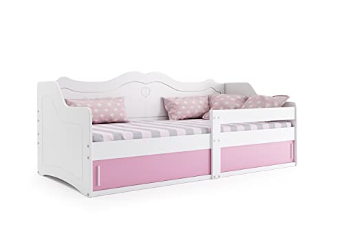 Interbeds Kinderbett Julia 80x160 mit Lattenrost und Behälter unter dem Bett Jugendbett mit Rausfallschutz sehr Stabiler Konstruktion komfortabel funktional Einzelbett (weiß/rosa) von Interbeds