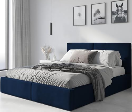 Interbeds Polsterbett Bett Doppelbett mit Stauraum mit Lattenrost Bettkasten Boxspringbett hydrophob gepolsterter Bettrahmen (Dunkelblau, 140x200cm) von Interbeds