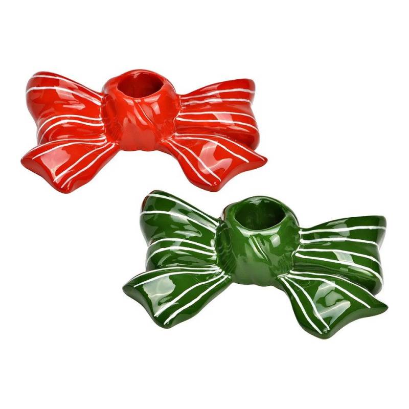 Interdesign24 Kerzenhalter 2er-Set Keramik Schleife in Rot und Grün von Interdesign24