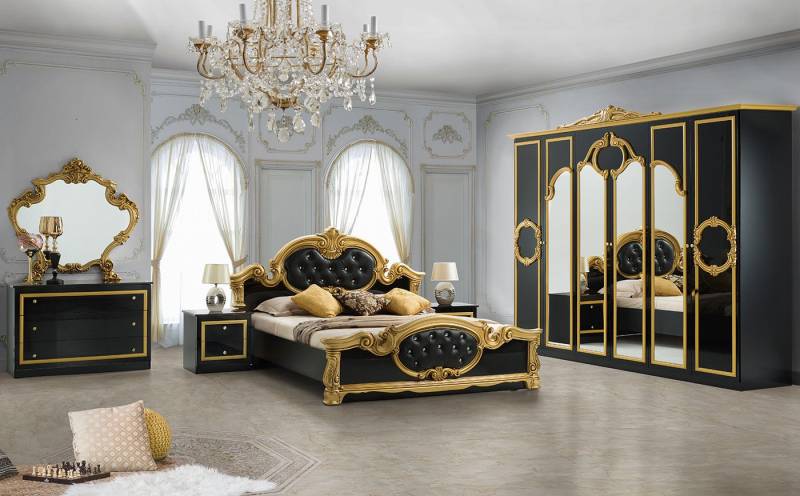 Interdesign24 Schlafzimmer-Set Donna, (6-Teilig, inkl. Spiegeltüren und Polsterung im Kopf- und Fußteil, im ausgefallenem Barock-Stil), Bett 180 x 200 cm, in Hochglanz Schwarz/Gold von Interdesign24