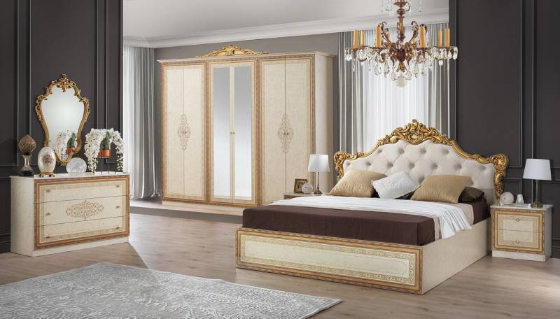 Interdesign24 Schlafzimmer-Set Giulia, (6-teilig, im ausgefallenem Barock Stil, inkl. Bett 160 x 200 cm mit Kopfteilpolsterung), in Hochglanz Beige/Gold von Interdesign24