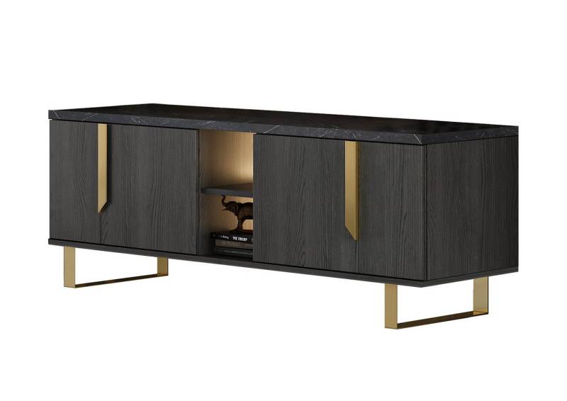 Interdesign24 Lowboard Orion (4-Türig mit 2 offenen Fächern und goldfarbenen Griffen, in dunkler Rosenholzoptik mit Marmoroptik), Made in Italy von Interdesign24