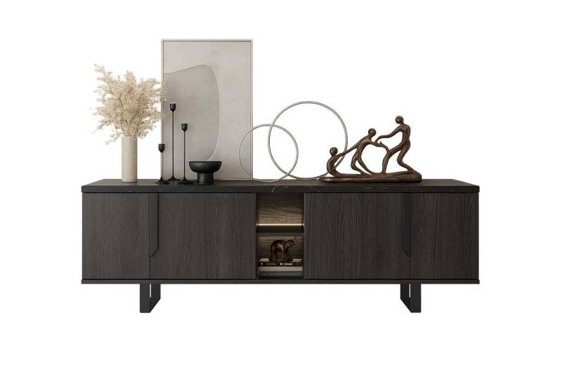 Interdesign24 Lowboard Orion (4-Türig mit 2 offenen Fächern und schwarzen Griffen, in dunkler Rosenholzoptik mit Marmoroptik), Made in Italy von Interdesign24