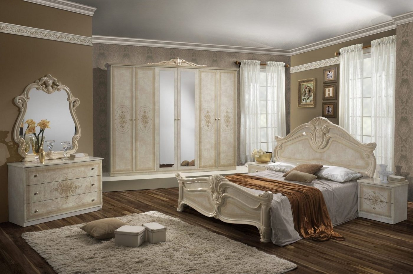 Interdesign24 Schlafzimmer-Set Alba, (6-Teilig, im kunstvoll verzierten Barock Stil), in Hochglanz Beige/Gold von Interdesign24