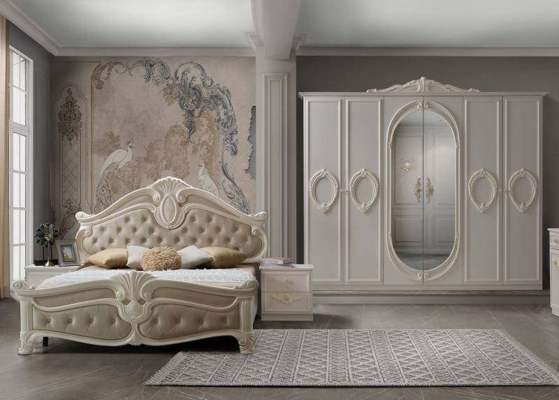 Interdesign24 Schlafzimmer-Set Aurora, (4-teilig, im klassischen Barock Stil, inkl. Bett 180 x 200 cm mit gepolstertem Kopf- und Fußteil), in Cremeweiß/Beige von Interdesign24