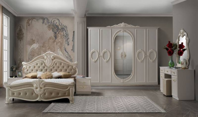Interdesign24 Schlafzimmer-Set Aurora, (7-teilig, im klassischen Barock Stil, inkl. Bett 160 x 200 cm mit gepolstertem Kopf- und Fußteil), in Cremeweiß/Beige von Interdesign24