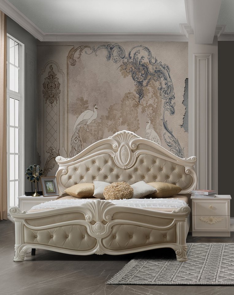 Interdesign24 Schlafzimmer-Set Aurora, (inkl. Bett 160 x 200 cm mit gepolstertem Kopf- und Fußteil und 2 Nachtkonsolen, im klassischen Barock Stil), in Cremeweiß/Beige von Interdesign24