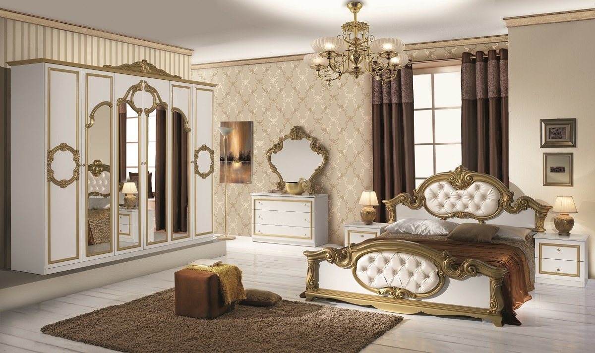 Interdesign24 Schlafzimmer-Set Barokko, klassischer Barock Stil in Weiss/Gold Hochglanz 6-Teilig von Interdesign24