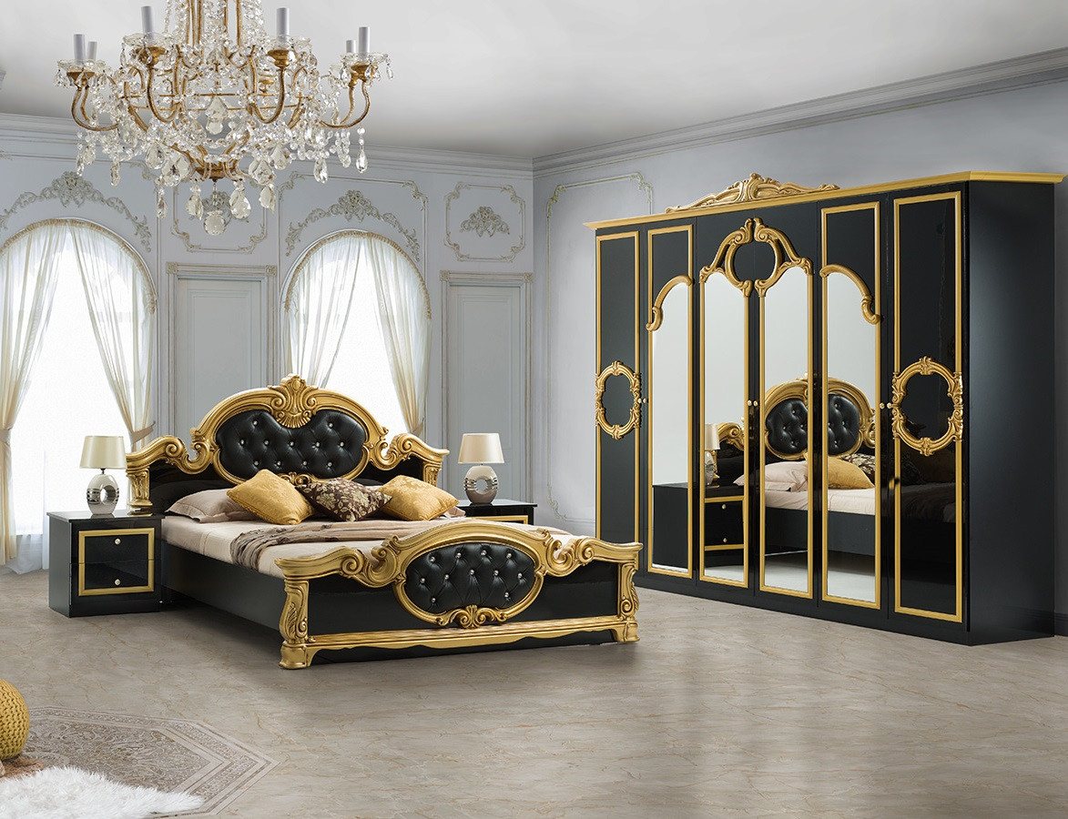 Interdesign24 Schlafzimmer-Set Donna, (4-Teilig, inkl. Spiegeltüren und Polsterung im Kopf- und Fußteil, im ausgefallenem Barock-Stil), Bett 160 x 200 cm, in Hochglanz Schwarz/Gold von Interdesign24
