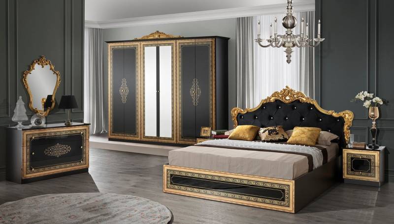 Interdesign24 Schlafzimmer-Set Giulia, (6-teilig, im ausgefallenem Barock Stil, inkl. Bett 180 x 200 cm mit Kopfteilpolsterung), in Schwarz/Gold Hochglanz von Interdesign24