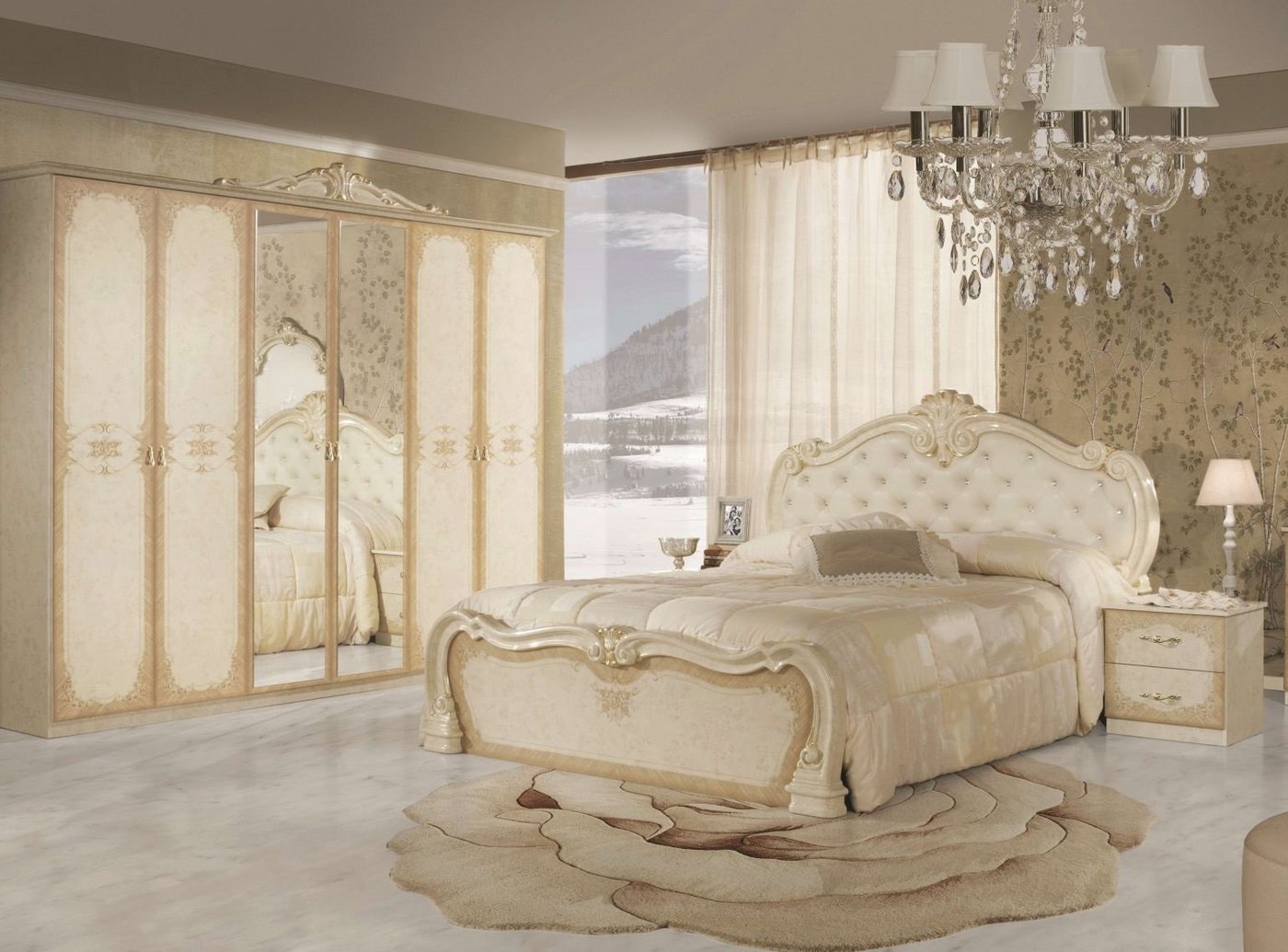 Interdesign24 Schlafzimmer-Set Lavinia, (im klassischen Barock Stil, 4-Teilig), Beige Hochglanz von Interdesign24