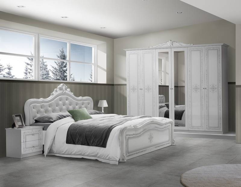 Interdesign24 Schlafzimmer-Set Livia, (im klassischen Barock Stil, 4-Teilig), Weiß/Silber Hochglanz von Interdesign24