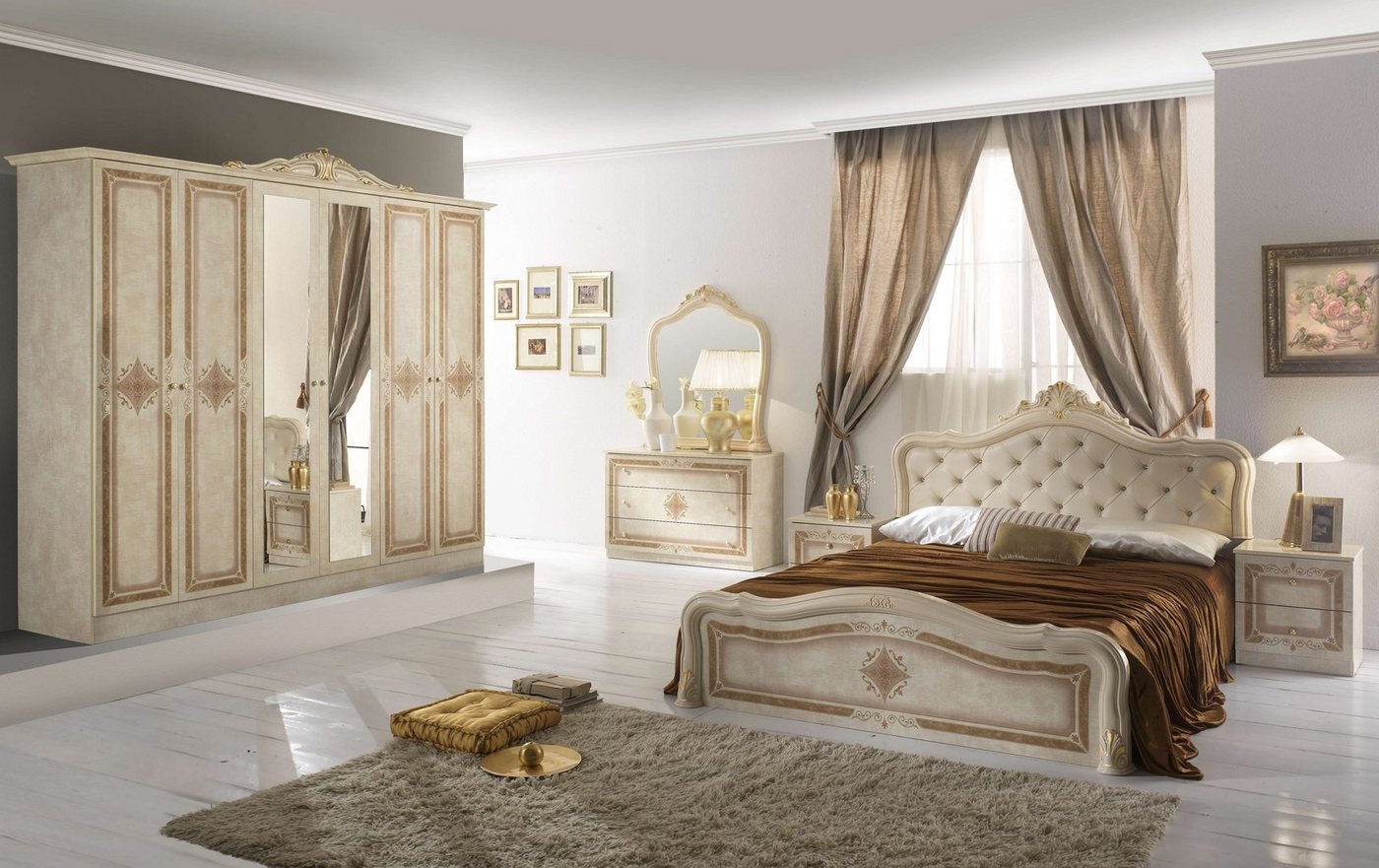 Interdesign24 Schlafzimmer-Set Livia, im klassischen Barock Stil Beige Hochglanz 6-Teilig von Interdesign24