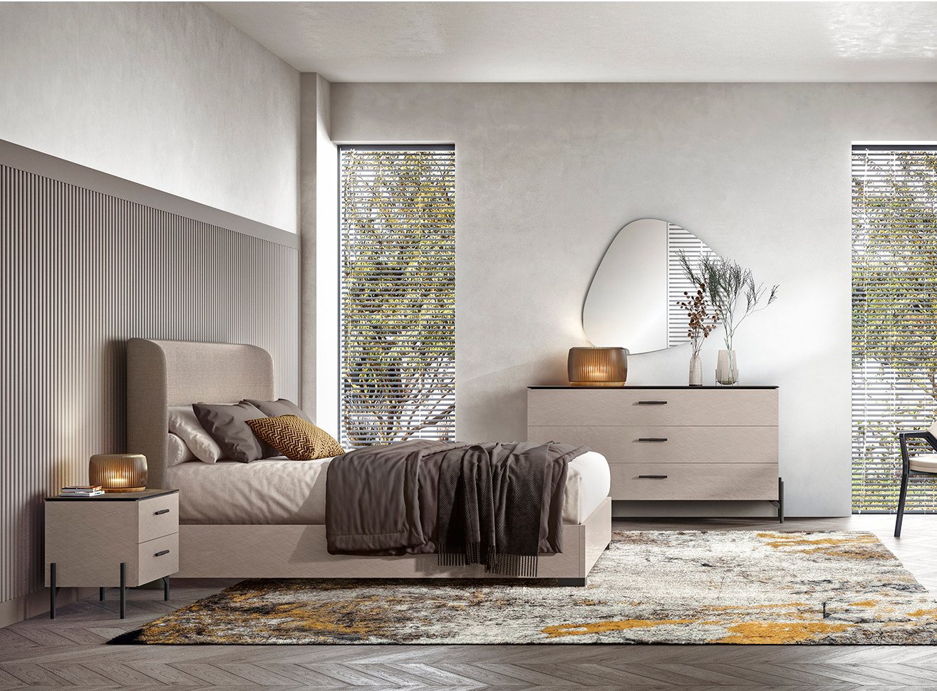 Interdesign24 Schlafzimmer-Set Silvana, (5-Teilig, mit gepolstertem Kopfteil, in Beige Hochglanz), Made in Italy von Interdesign24