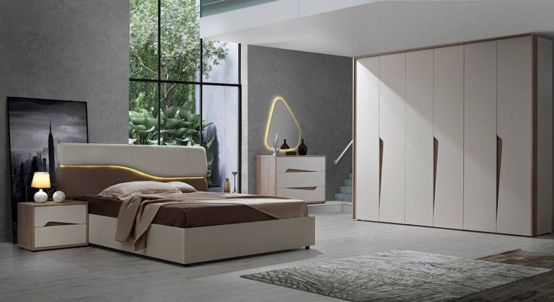 Interdesign24 Schlafzimmer-Set Sole, (6-Teilig, im ausgefallenem Design inkl. Bett mit Kopfteilpolsterung), in Cremefarben/Holzoptik von Interdesign24