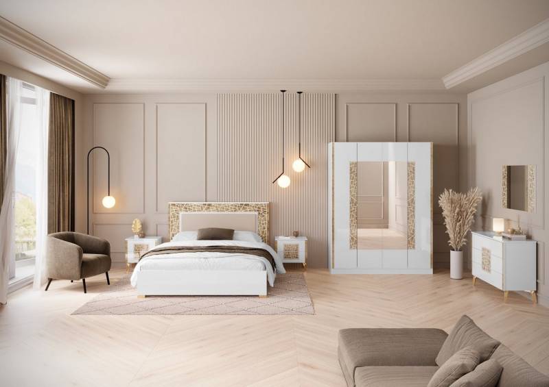 Interdesign24 Schlafzimmer-Set Stella, (6-Teilig, in Weiß/Gold Hochglanz), Made in Italy von Interdesign24