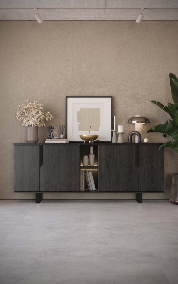 Interdesign24 Sideboard Orion (in dunkler Rosenholzoptik mit Oberplatte in Marmoroptik, 4-Türig mit 2 offenen Fächern, mit schwarzen Griffen), Made in Italy von Interdesign24