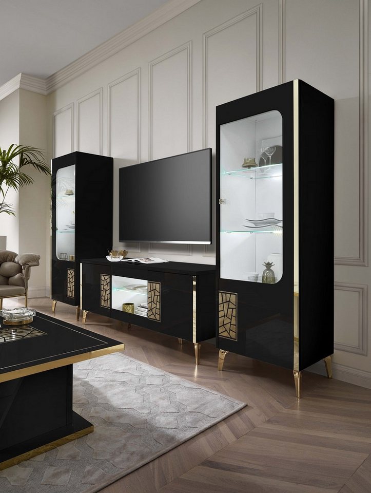 Interdesign24 Wohnwand Stella, (3-Teilig, in Schwarz/Gold Hochglanz), Made in Italy von Interdesign24