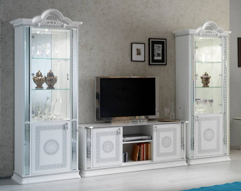 Interdesign24 Wohnwand Venus, (3-Teilig, im Barock-Stil, mit Silberverzierungen), in Weiß/Silber Hochglanz von Interdesign24