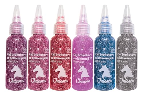6x Interdruk Glitzerkleber 3D Einhorn in 6 Glitterfarben a 50ml von Interdruk