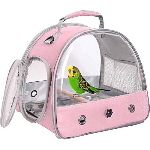 Interfashioner® Vogeltrage, tragbare Vogeltrage für Papageien, Sittiche, Wellensittiche, kleine Vögel mit Edelstahl-Tablett und Holzstange (Rosa) von Interfashioner