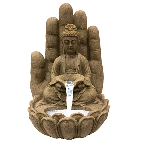 Brunnen Buddha Calm Sandstein-Optik, aus Polyresin inkl. Pumpe und LED | Deko-Wasserbrunnen für Garten, Terrasse & Zimmer | Wasserspiel für In- und Outdoor von Intergarden