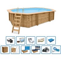 Interline Holzpool "Java" 6,40 x 4,00 m/ 1,36m Achteck Oval (Inkl. Pumpenhaus & Poolroboter) von Interhiva