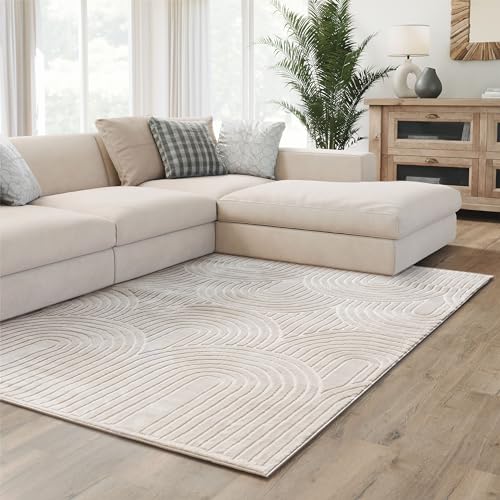 Interiyou Kurzflor Teppich Cannes - 140x200 cm Creme - Skandinavisches Boho Muster mit 3D Hoch-Tief Effekt - Flach mit Geometrischem Muster von Interiyou