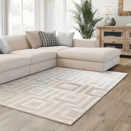 Interiyou Kurzflor Teppich Cannes - 140x200 cm Creme - Skandinavisches Boho Muster mit 3D Hoch-Tief Effekt - Flach mit Geometrischem Muster von Interiyou