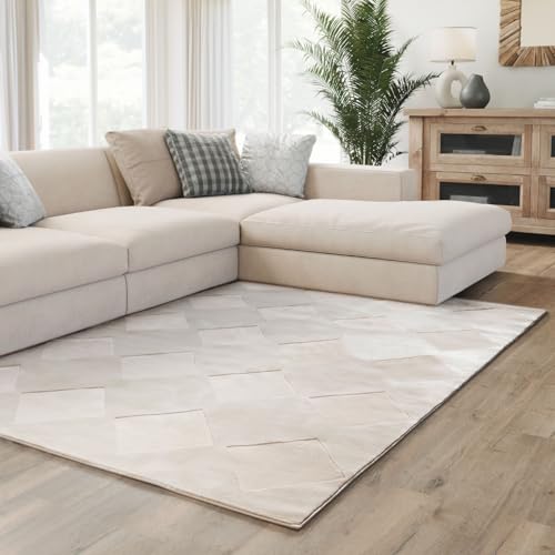Interiyou Teppich Wohnzimmer Cannes - 140x200 cm Creme - Für Schlafzimmer, Esszimmer, Kinderzimmer - Kurzflorteppich skandinavisches Boho Muster - Hoch-Tief Effekt - Flach mit Geometrischem Muster von Interiyou