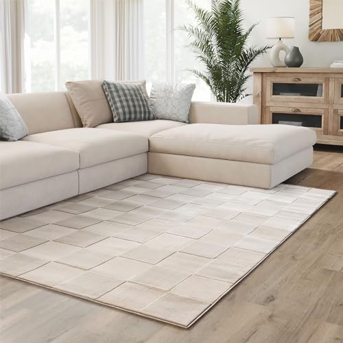 Interiyou Kurzflor Teppich Cannes - 120x170 cm Creme - Skandinavisches Boho Muster mit 3D Hoch-Tief Effekt - Flach mit Geometrischem Muster von Interiyou