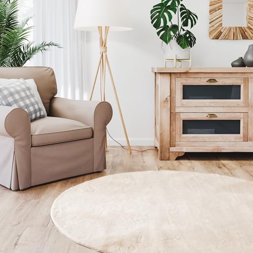 Interiyou Hochflorteppich Fargo - 120x120 cm Rund Beige - Flauschiger Fellteppich aus Kunstfell - waschbar und rutschfest - weicher Langflor Fell von Interiyou