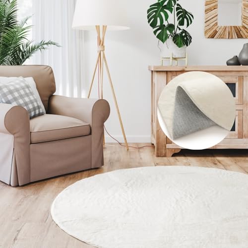 Interiyou Fargo - Teppich Wohnzimmer 160x160 cm Rund Creme - Kurzflor Waschbar und rutschfest - Flauschiger Fellteppich aus Kunstfell - weicher Langflor Fell von Interiyou