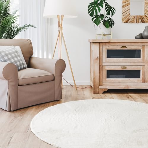 Interiyou Fargo - Teppich Wohnzimmer 200x200 cm Rund Creme - Kurzflor Waschbar und rutschfest - Flauschiger Fellteppich aus Kunstfell - weicher Langflor Fell von Interiyou