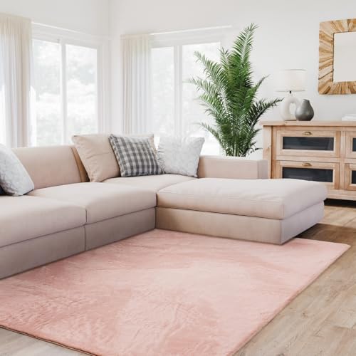 Interiyou Fargo - Teppich Wohnzimmer 140x200 cm Rosa - Kurzflor Waschbar und rutschfest - Flauschiger Fellteppich aus Kunstfell - weicher Langflor Fell von Interiyou