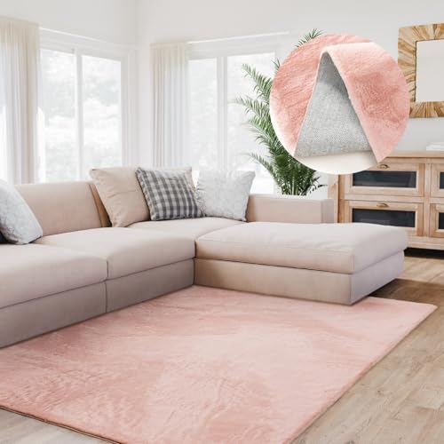 Interiyou Fargo - Teppich Wohnzimmer 80x150 cm Rosa - Kurzflor Waschbar und rutschfest - Flauschiger Fellteppich aus Kunstfell - weicher Langflor Fell von Interiyou