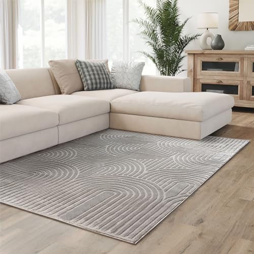 Interiyou Kurzflor Teppich Cannes - 120x170 cm Grau - Skandinavisches Boho Muster mit 3D Hoch-Tief Effekt - Flach mit Geometrischem Muster von Interiyou